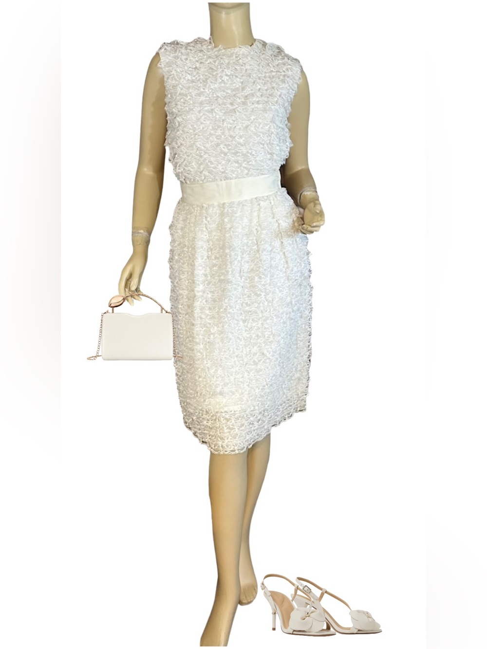 VINTAGE 1950'S CREAM TIERED LACE TUNIC AND SKIRT SET (M)